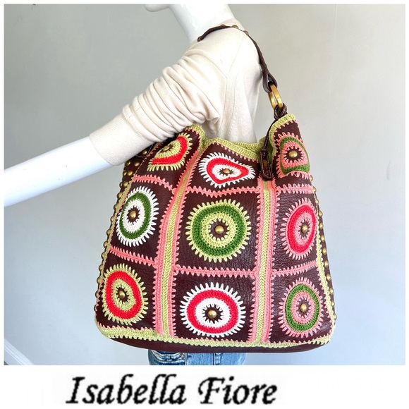 ISABELLA FIORE Multicolor Crochet Brown Leather Gold Studs Lrg Shoulder Bag Tote - Picture 1 of 13